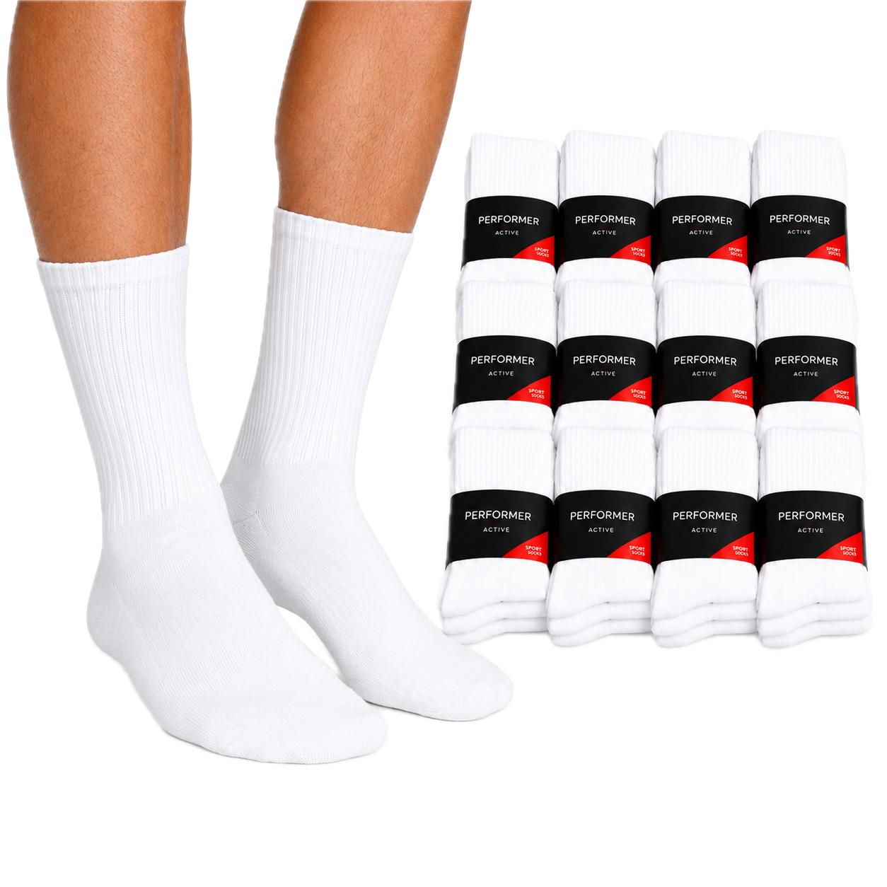 12x Mens Cotton Crew Socks for Everyday/Sports Bulk Pack in White