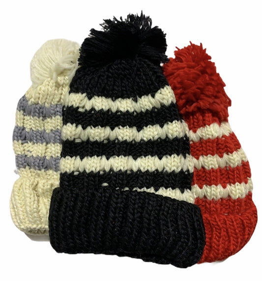 Womens Thick Knit Beanie Winter Fleece Lined Hat Warm Faux Fur Pom Striped Ski-0