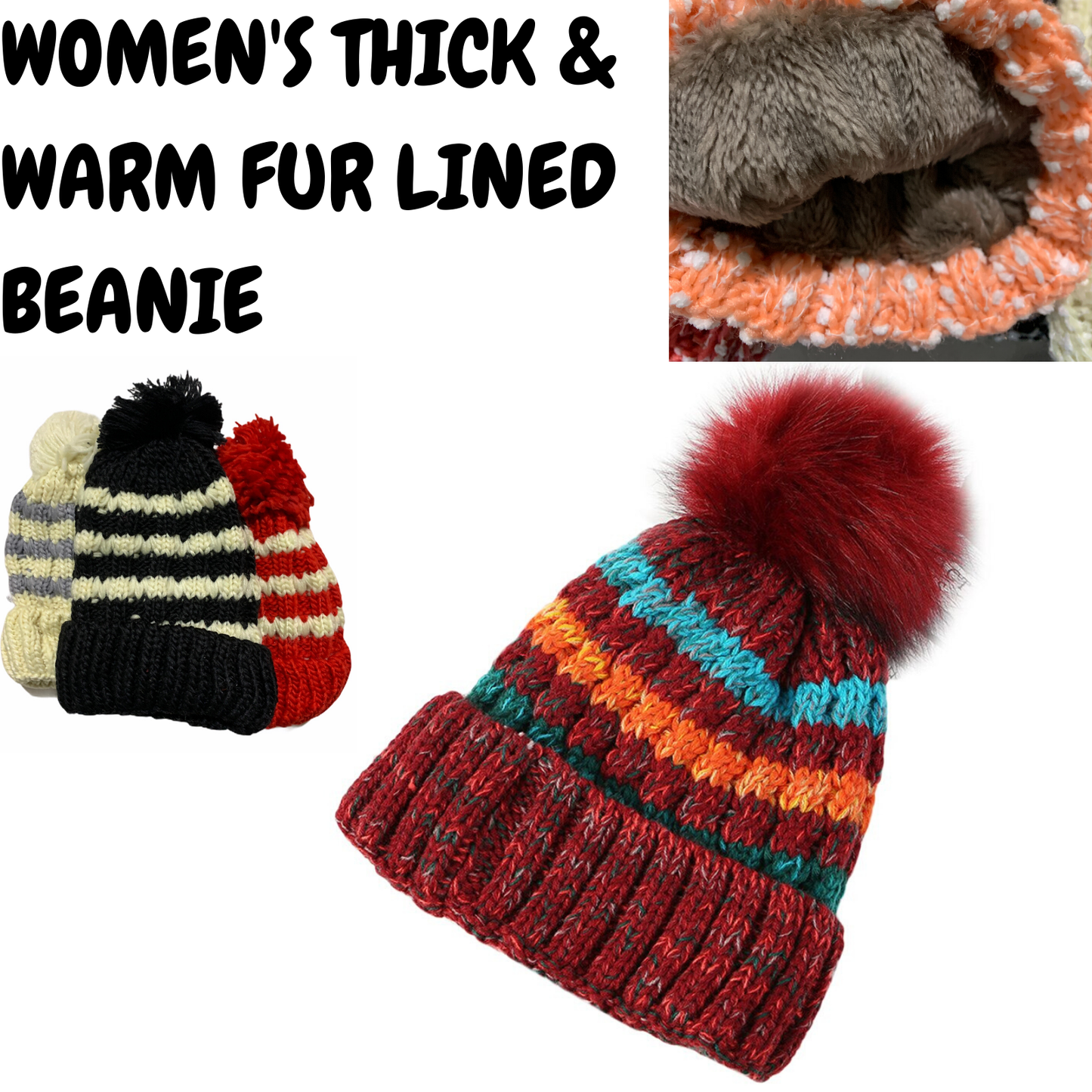 Womens Thick Knit Beanie Winter Fleece Lined Hat Warm Faux Fur Pom Striped Ski-1