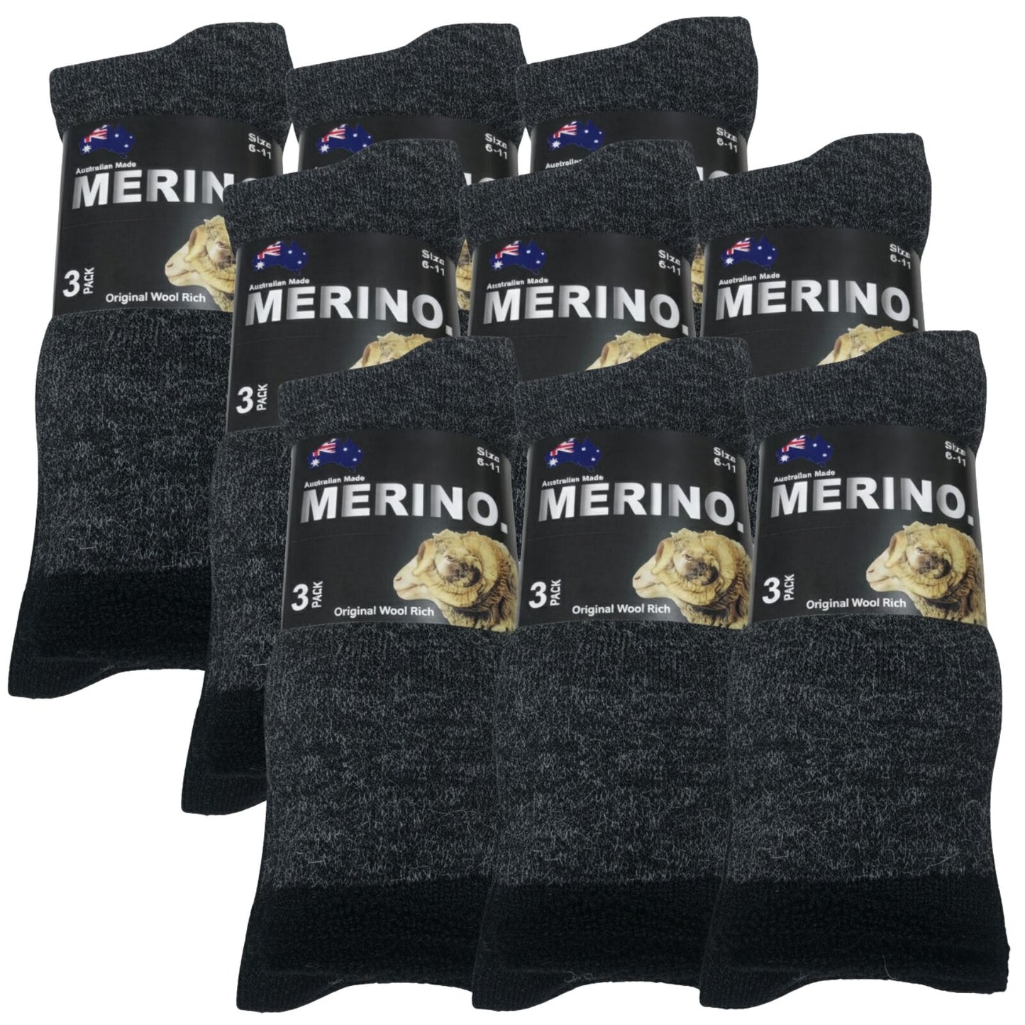 9 Pairs MERINO WOOL SOCKS Mens Heavy Duty Premium Thick Work Socks Cushion in Charcoal-0