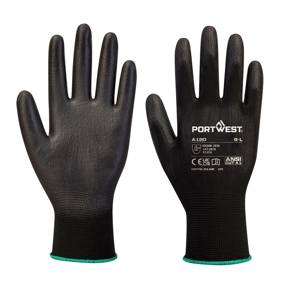 Portwest PU Palm Coated Safety Work Gardening Builders Gloves Breathable - Black-1