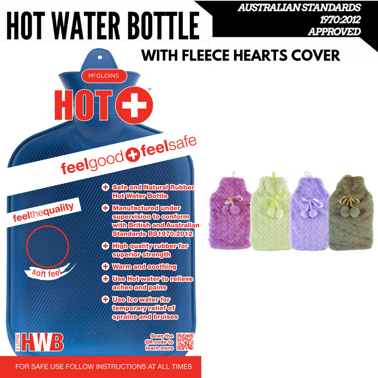 2L HOT WATER BOTTLE with Hearts Fleece Cover Winter Warm Natural Rubber Bag-1