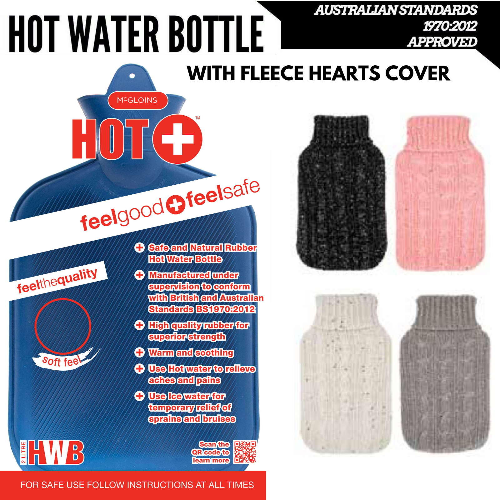 2L HOT WATER BOTTLE with Knit Sparkles Cover Winter Warm Natural Rubber Bag-1