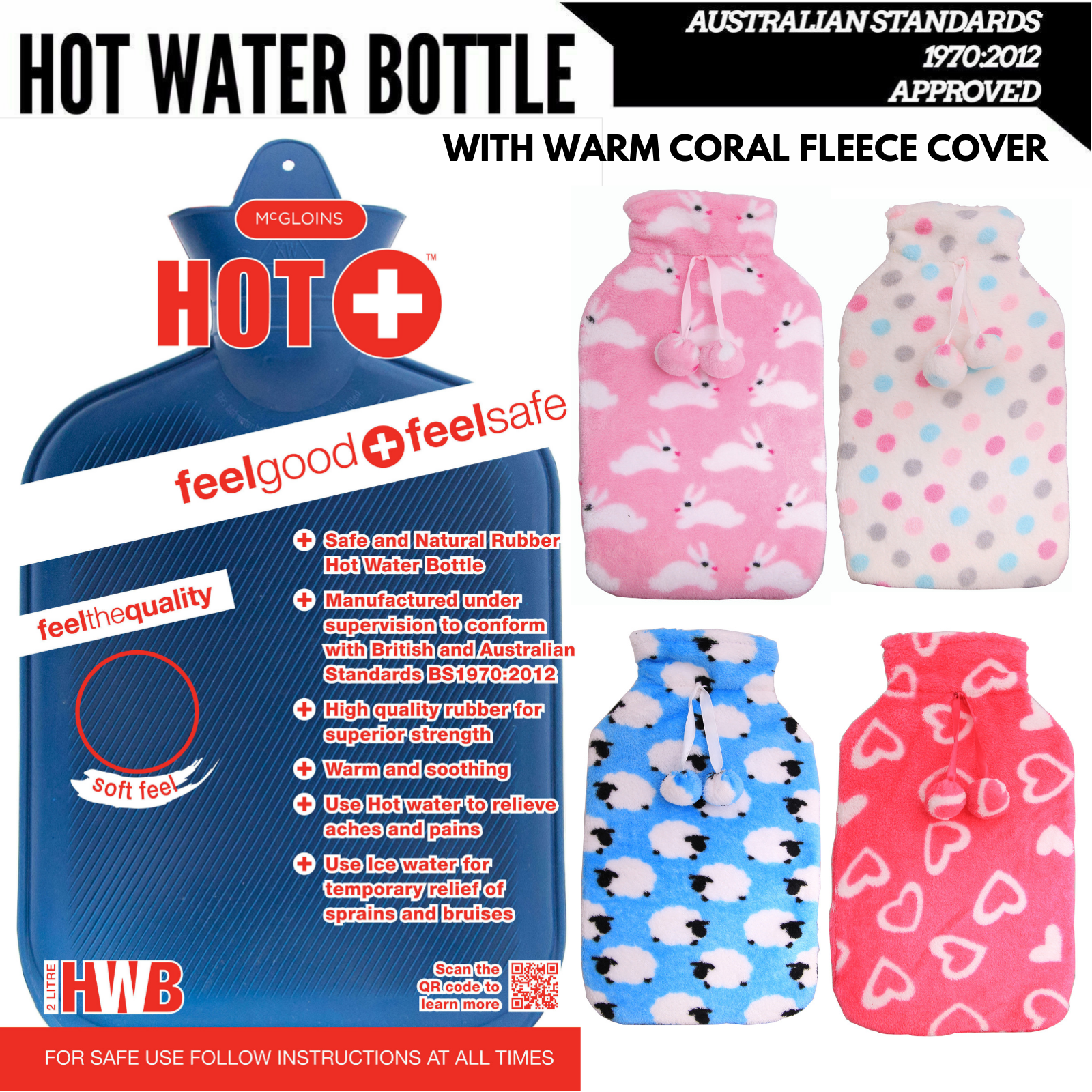 2L HOT WATER BOTTLE with Coral Fleece Cover Winter Warm Natural Rubber Bag-1