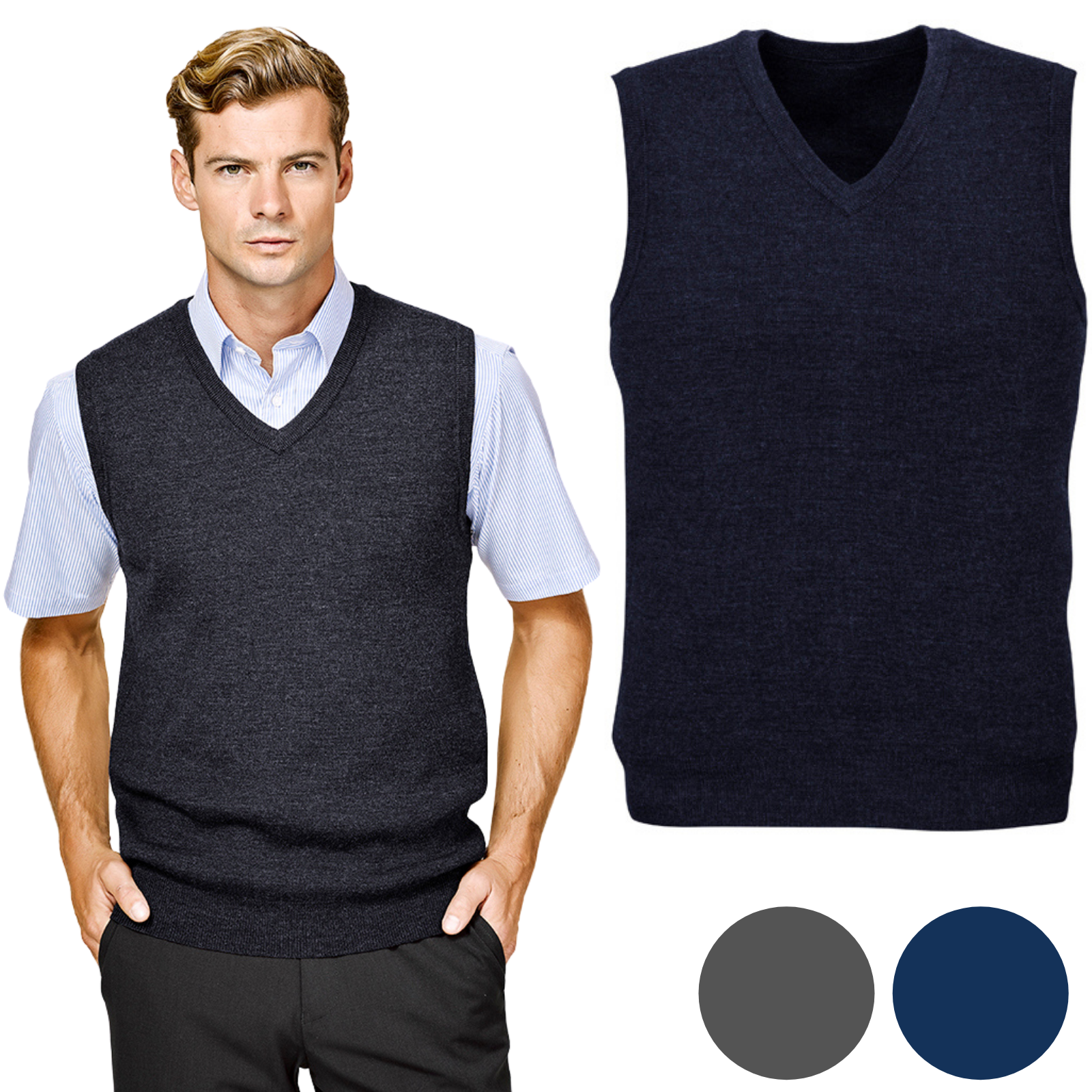 Mens Wool Blend V Neck Vest Sleeveless Double Knit-1