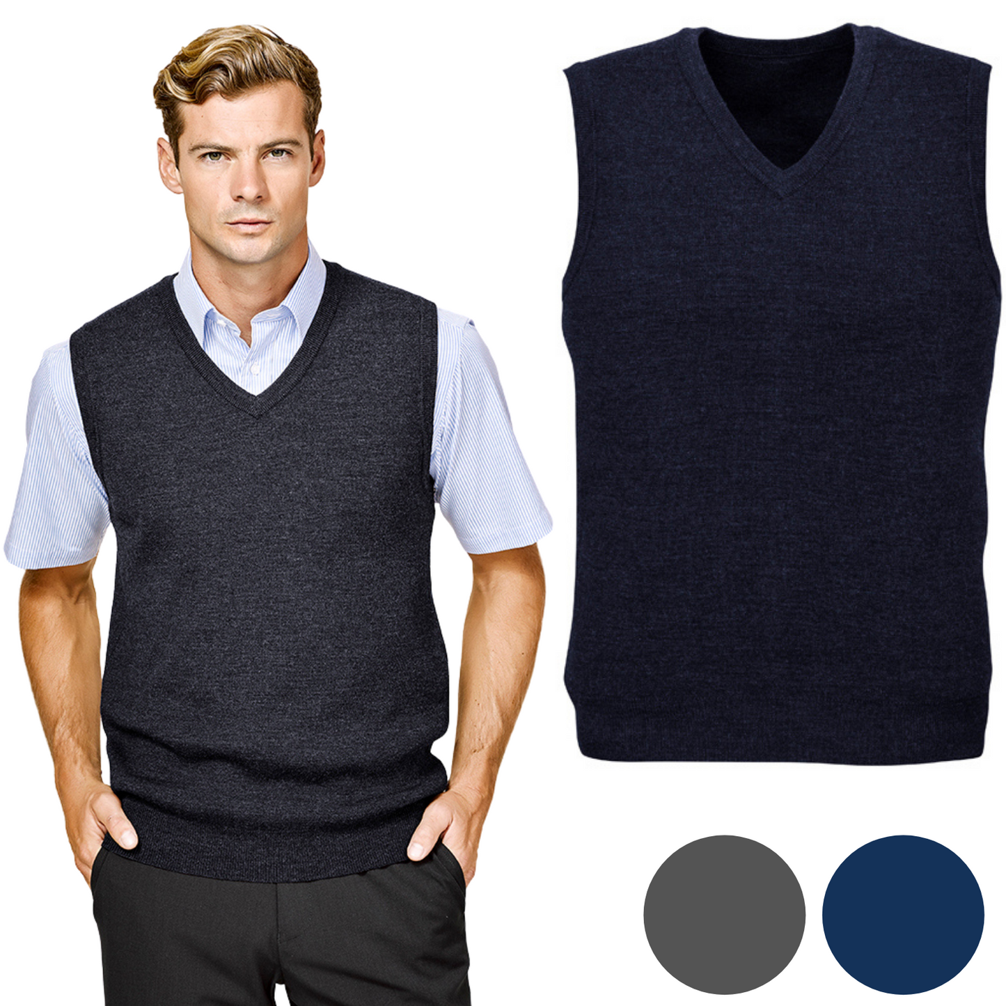 Mens Wool Blend V Neck Vest Sleeveless Double Knit-0