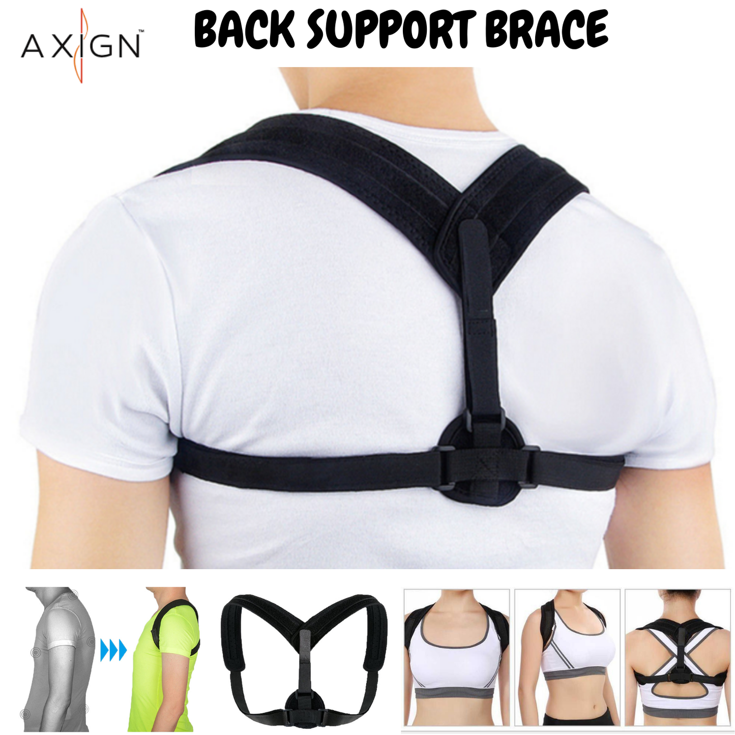 AXIGN Medical Posture Support Back Support Brace Corrector Strap Lumbar - Black-1