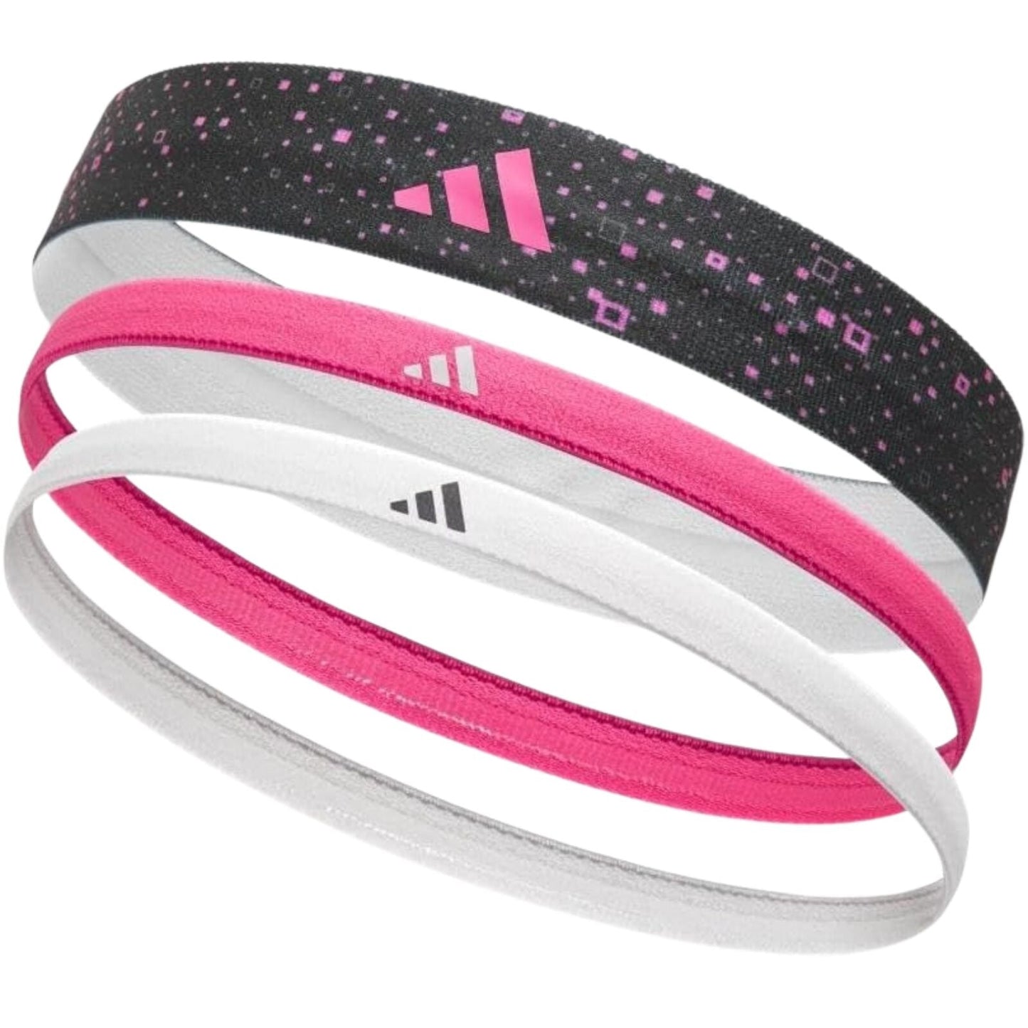 Adidas 3pk Hairbands Non-Slip Headbands Elastic One Size Washable in Graphic Black Pink White-0