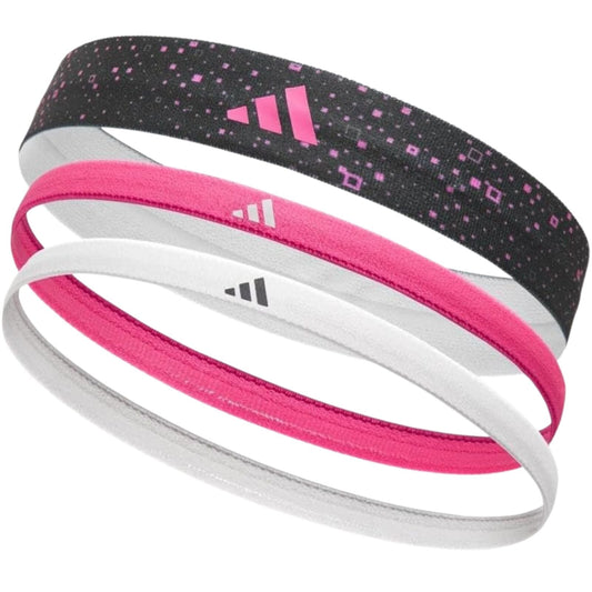 Adidas 3pk Hairbands Non-Slip Headbands Elastic One Size Washable in Graphic Black Pink White-0