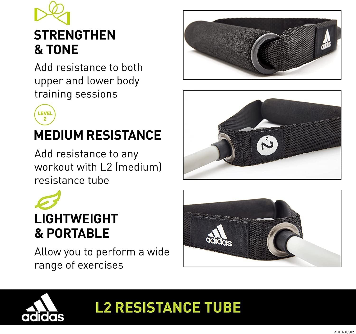 Adidas Resistance Tube Level 2 Band Elastic Yoga Fitness Gym Strap - Grey/Black-2