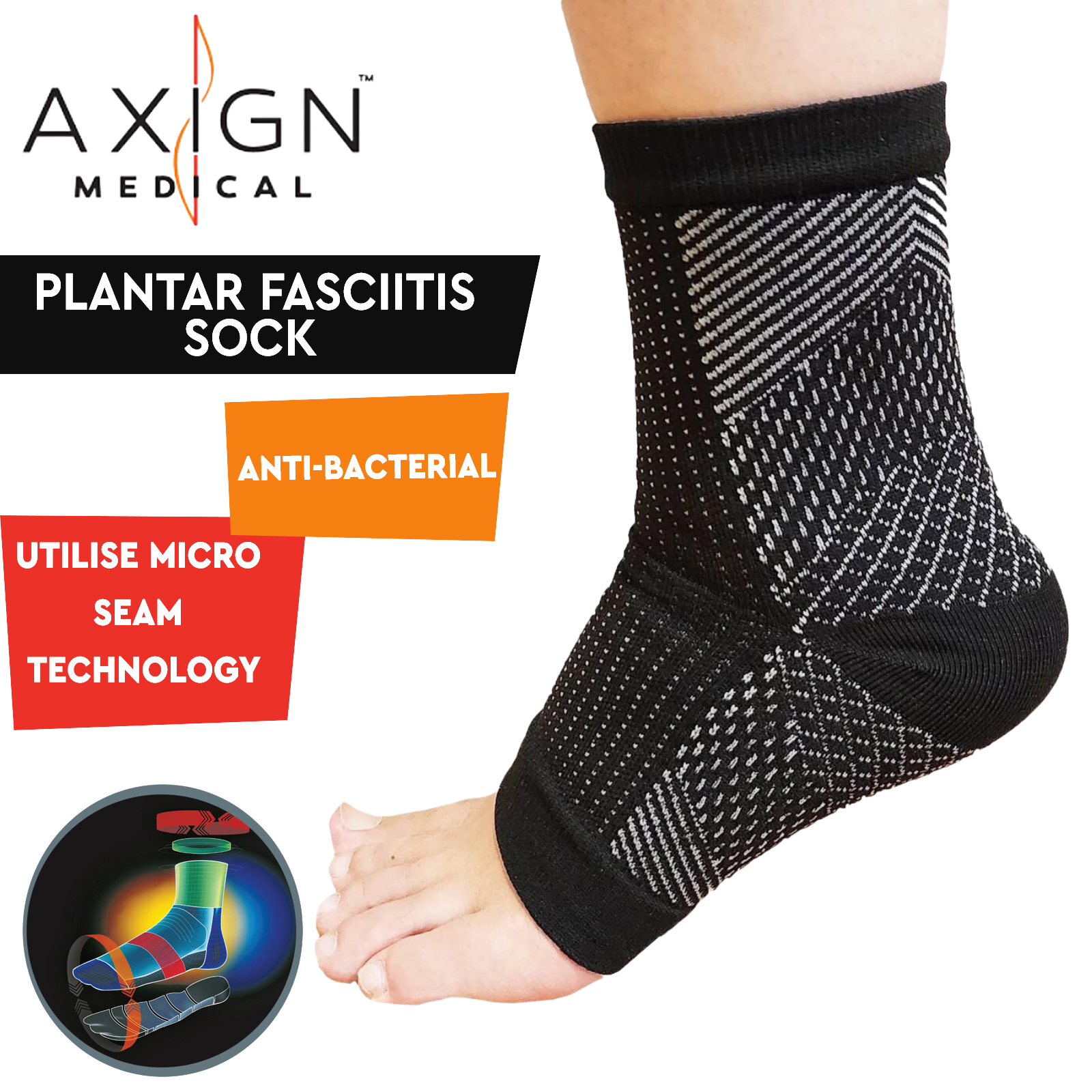 1 Pair AXIGN Medical Plantar Fasciitis Compression Sock Ankle Sleeve Support - Black-1