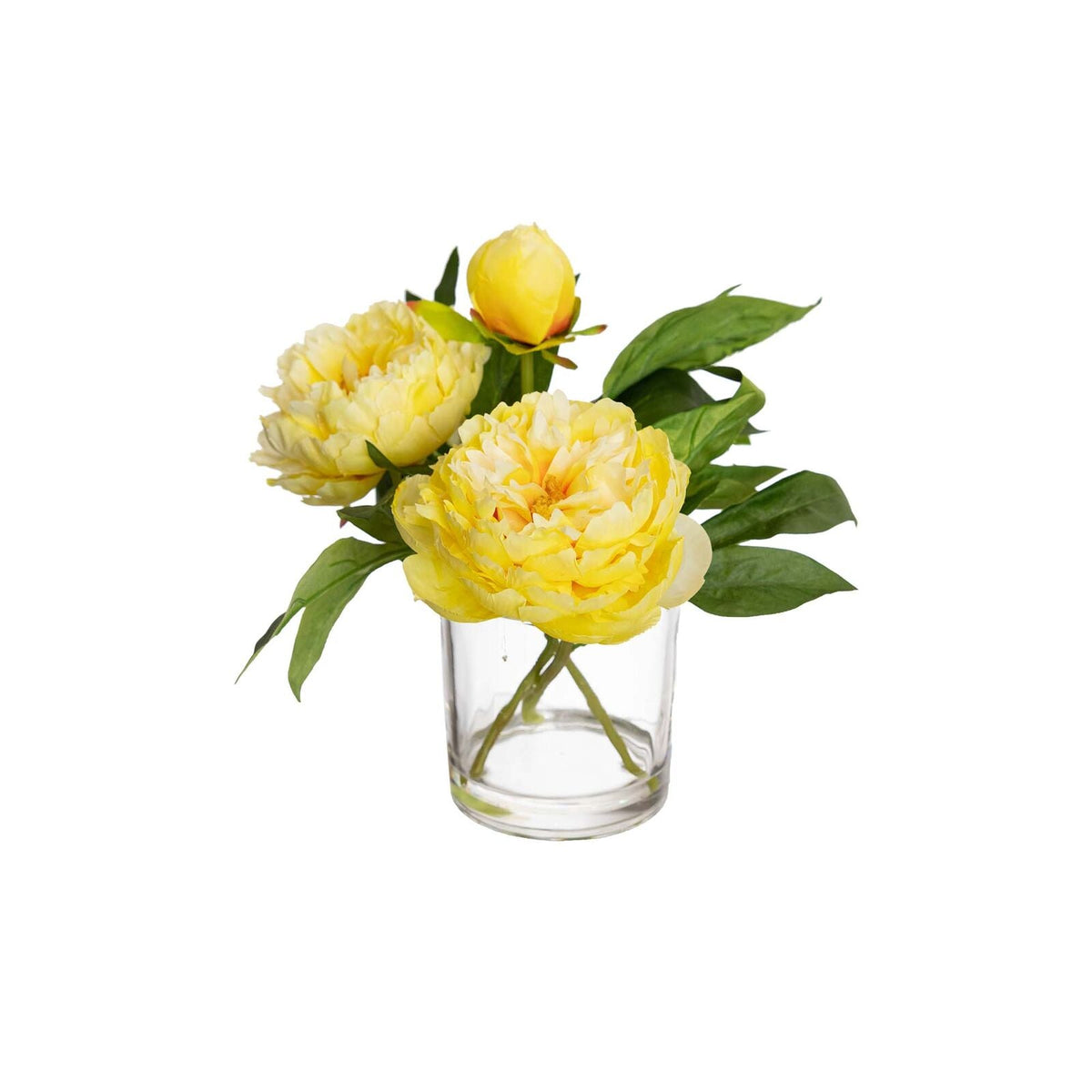 Peony Artificial Flower Arrangement in Glass Vase with Faux Water in Yellow
