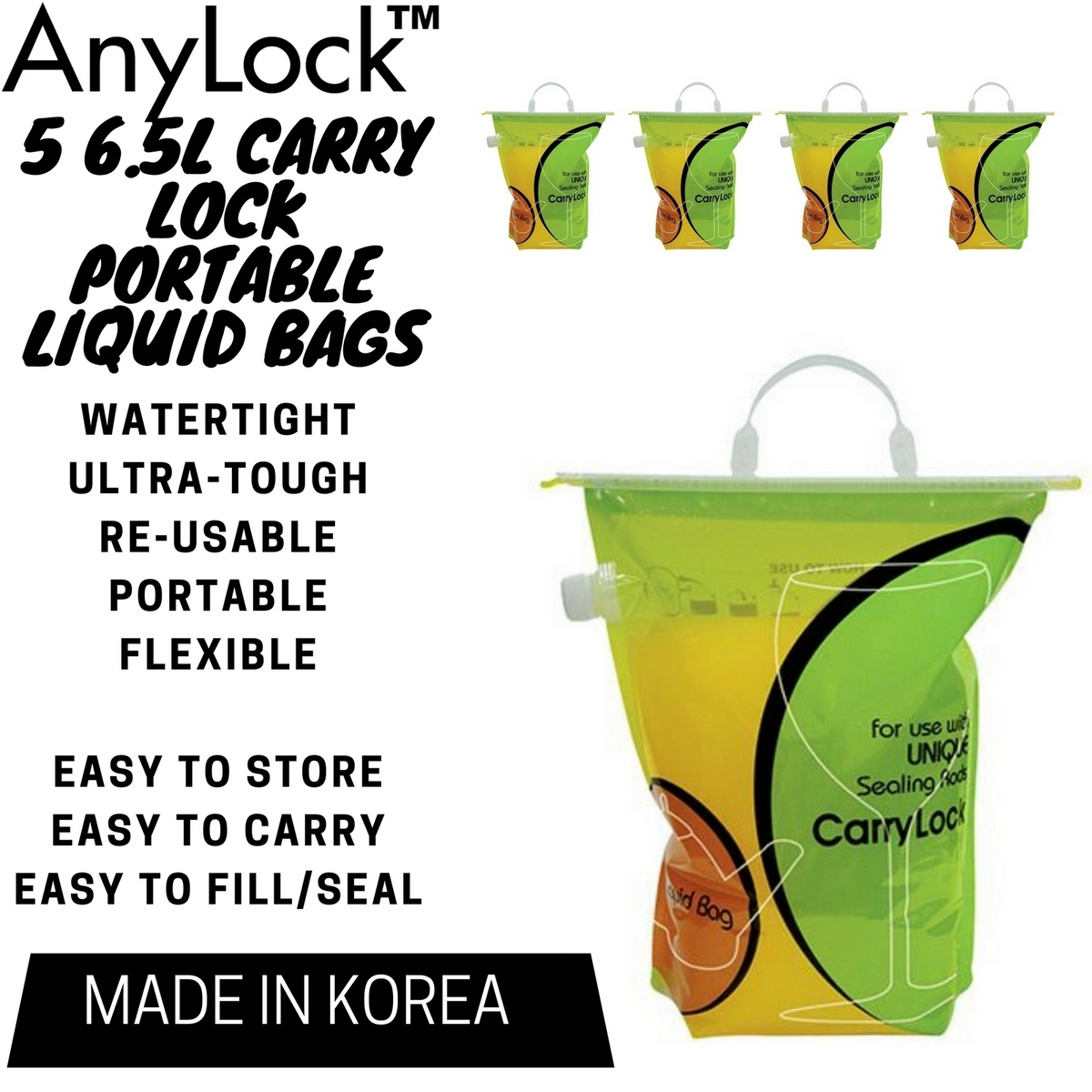 5x 6.5L AnyLock CarryLock Portable Liquid Bag Fishing Water Storage Camping BULK