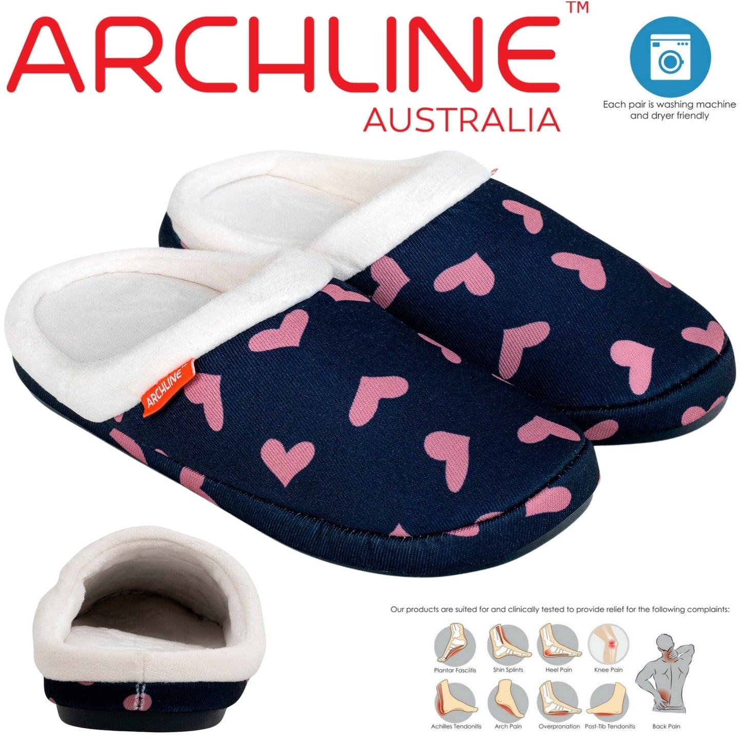 ARCHLINE Orthotic Slippers Slip On Scuffs Pain Relief Moccasins - Navy with Hearts-1