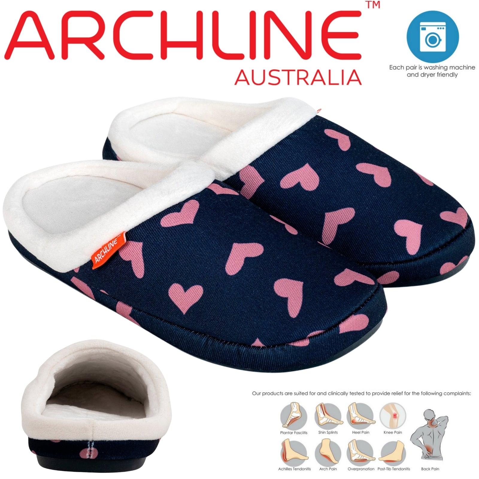 ARCHLINE Orthotic Slippers Slip On Scuffs Pain Relief Moccasins - Navy with Hearts-1