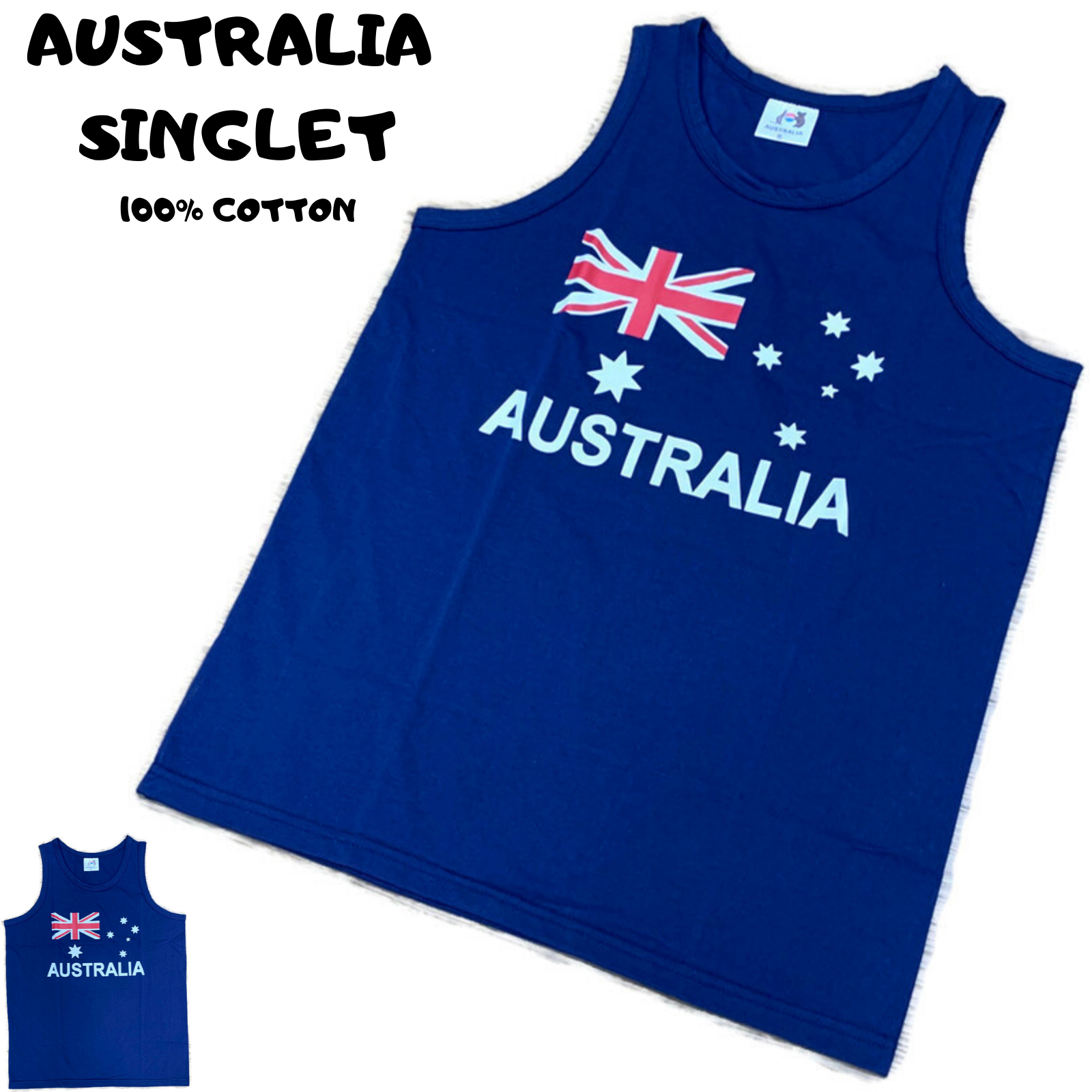 Adult AUSTRALIAN Singlet Australia Day 100% COTTON Souvenir Tank Top Flag - Blue-1