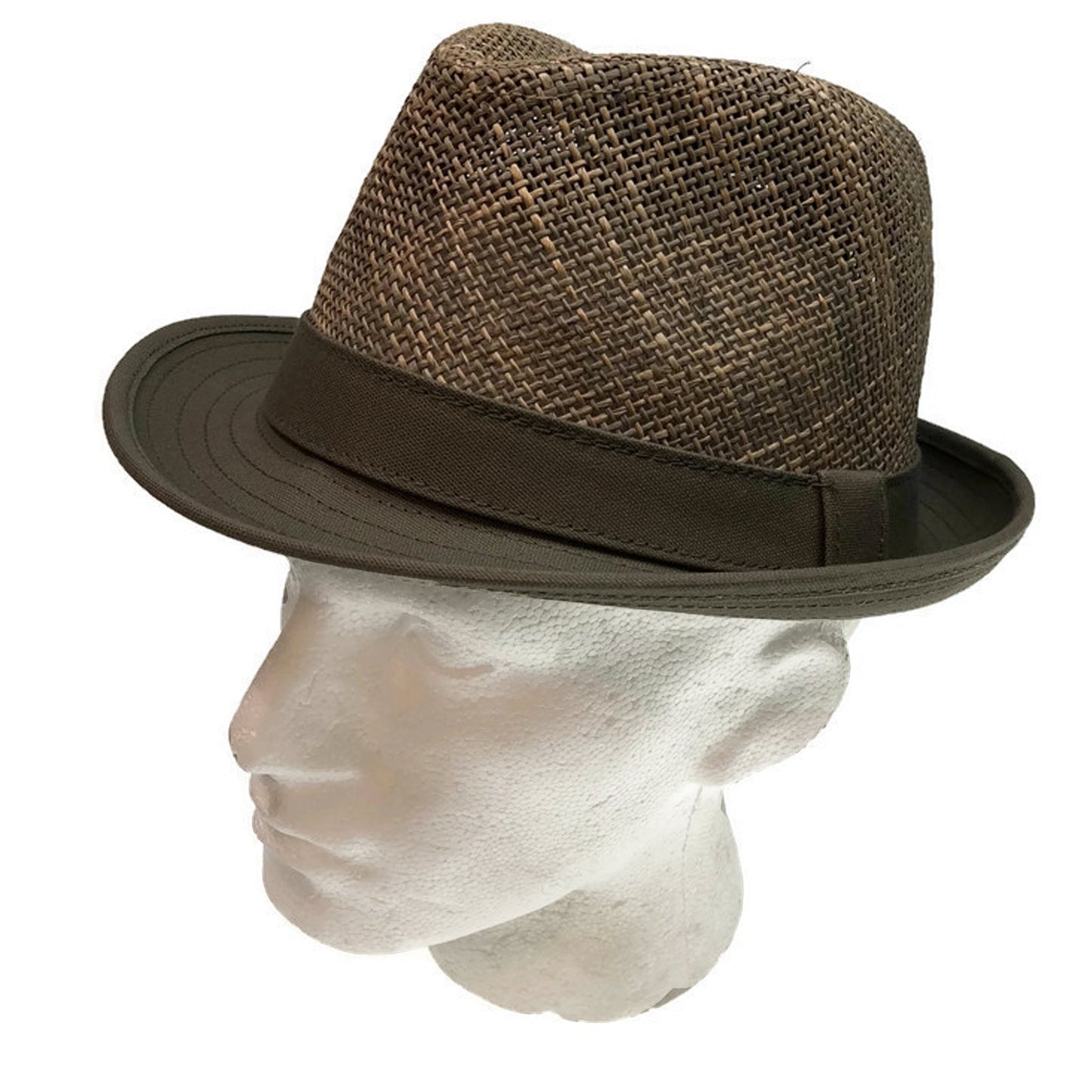 NATURAL STRAW HAT Trilby Fedora Vented w Canvas Brim Summer Sun Cap-7