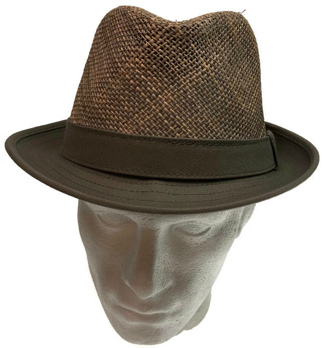 NATURAL STRAW HAT Trilby Fedora Vented w Canvas Brim Summer Sun Cap-1