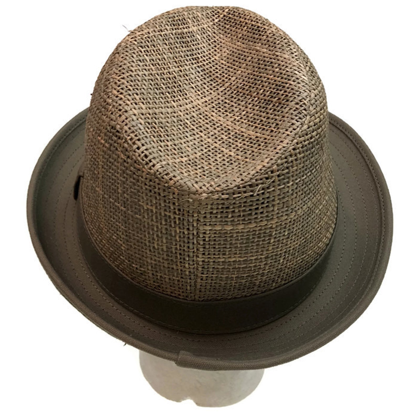 NATURAL STRAW HAT Trilby Fedora Vented w Canvas Brim Summer Sun Cap-2