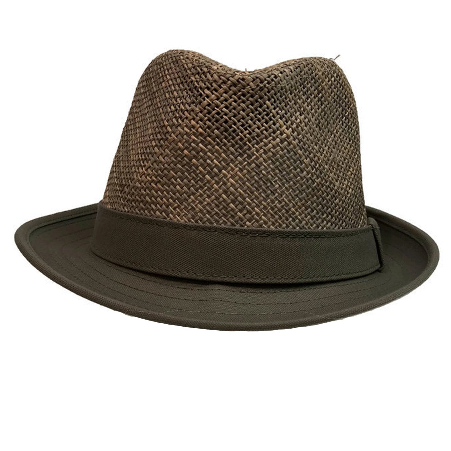 NATURAL STRAW HAT Trilby Fedora Vented w Canvas Brim Summer Sun Cap-4