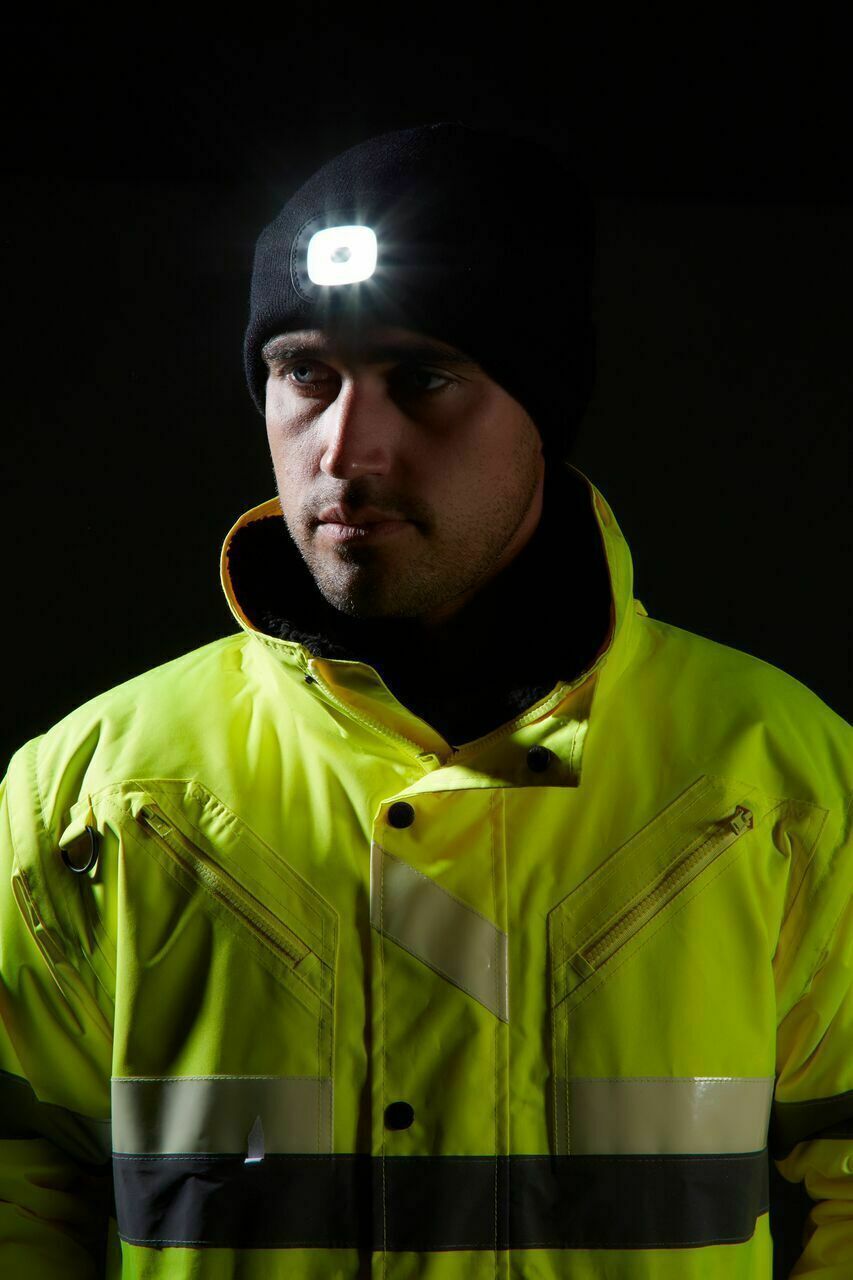 PORTWEST Beanie with LED Head Light USB Rechargeable Camping Cycling Workwear Hat - Hi Vis Yellow
