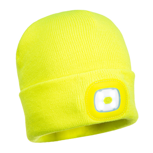 PORTWEST Beanie with LED Head Light USB Rechargeable Camping Cycling Workwear Hat - Hi Vis Yellow