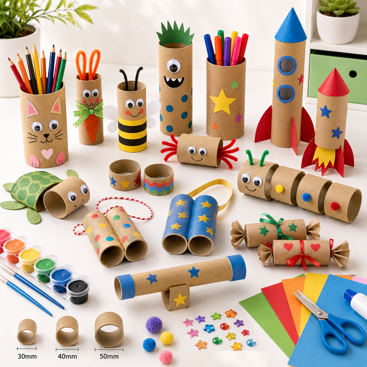 3x Strong Cardboard Paper Tubes for Arts, Crafts, Schools, DIY + More (1cm Length, 30/40/50mm Diameters) in Brown