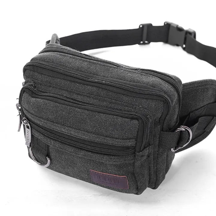 Large Black Canvas Bum Bag - Waist Pouch Travel Belt (Secure Wallet & Money Storage)-2