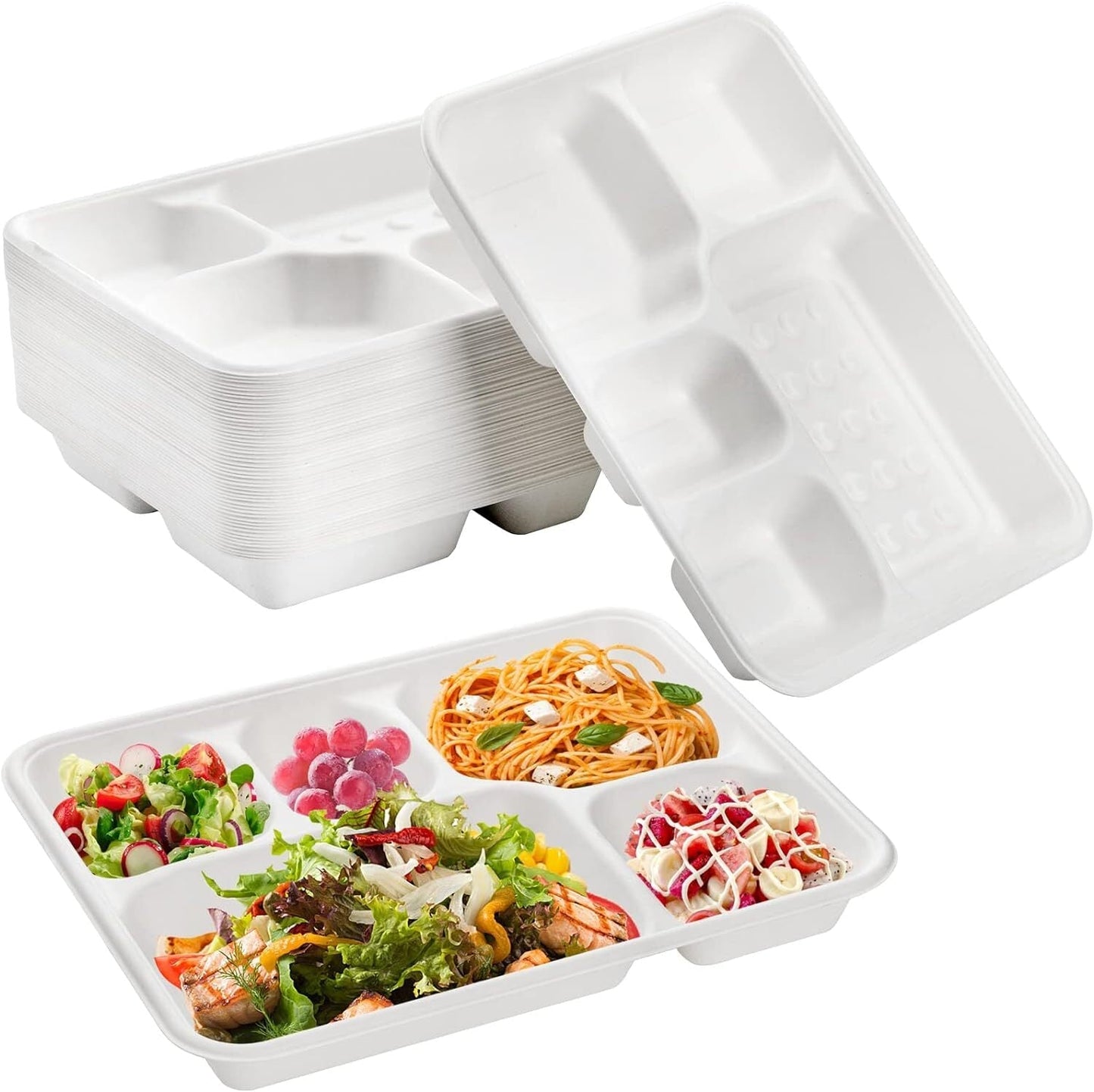 240pcs Sugarcane Bagasse 5-Compartment Lunch Paper Tray Plates 28x22cm Bulk-0