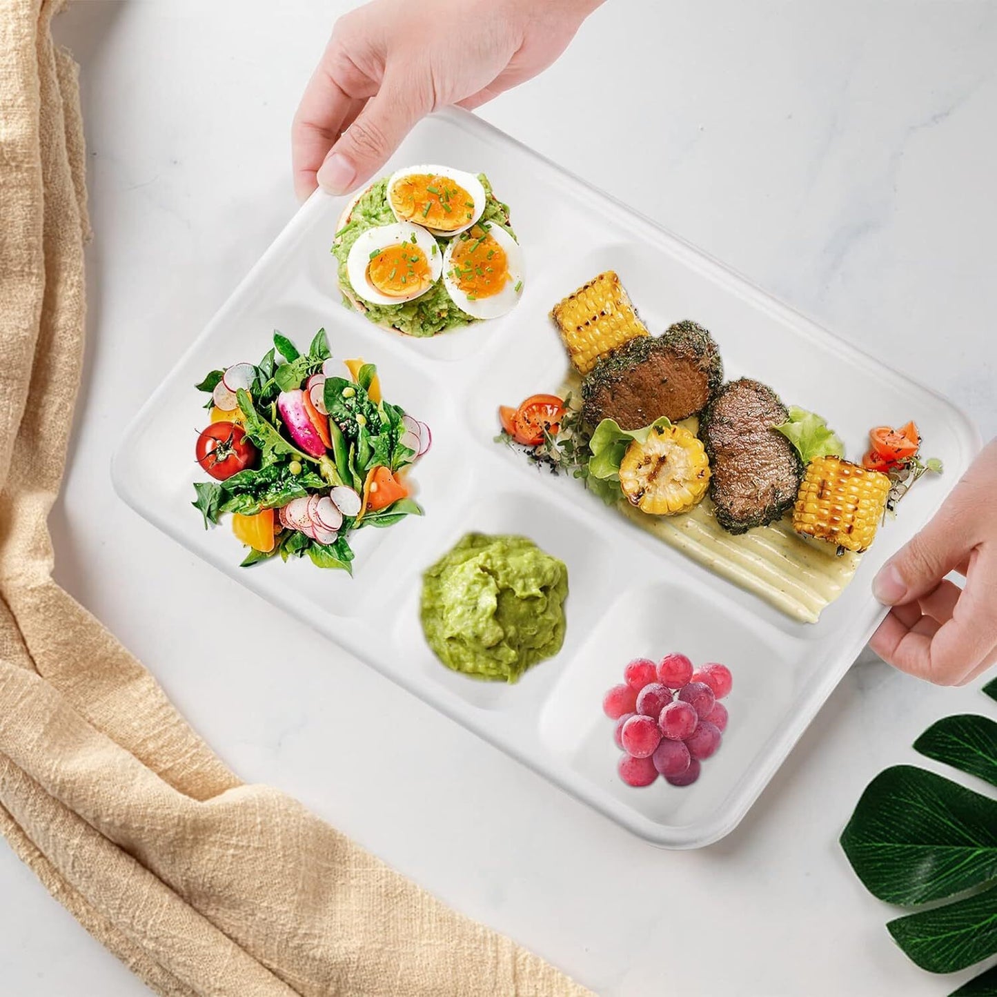 240pcs Sugarcane Bagasse 5-Compartment Lunch Paper Tray Plates 28x22cm Bulk-2