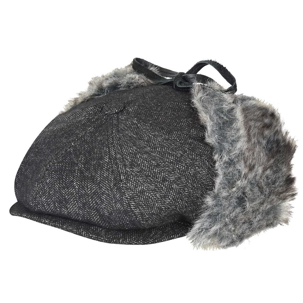 Bailey Mens Duane Ivy Flat Cap with Fold-Down Faux Fur Ear Flaps - Black-1