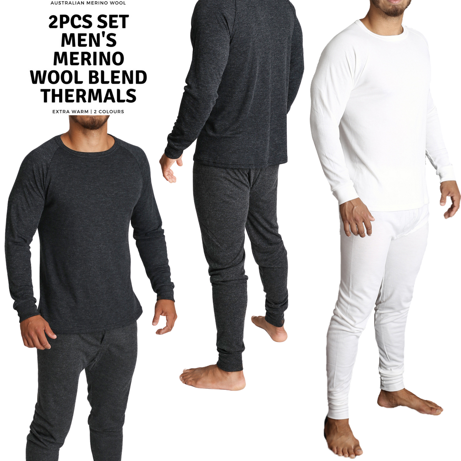 2pcs Set Mens Merino Wool Blend Long Sleeve Thermal Top & Long Johns Pants Underwear-1