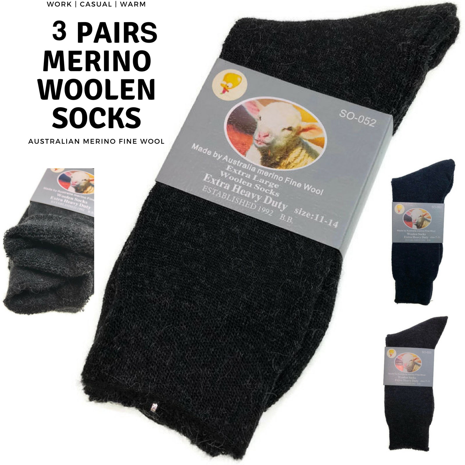 3 Pairs Merino Wool Blend Woolen Work Socks Hiking Heavy Duty Warm Thermal-1