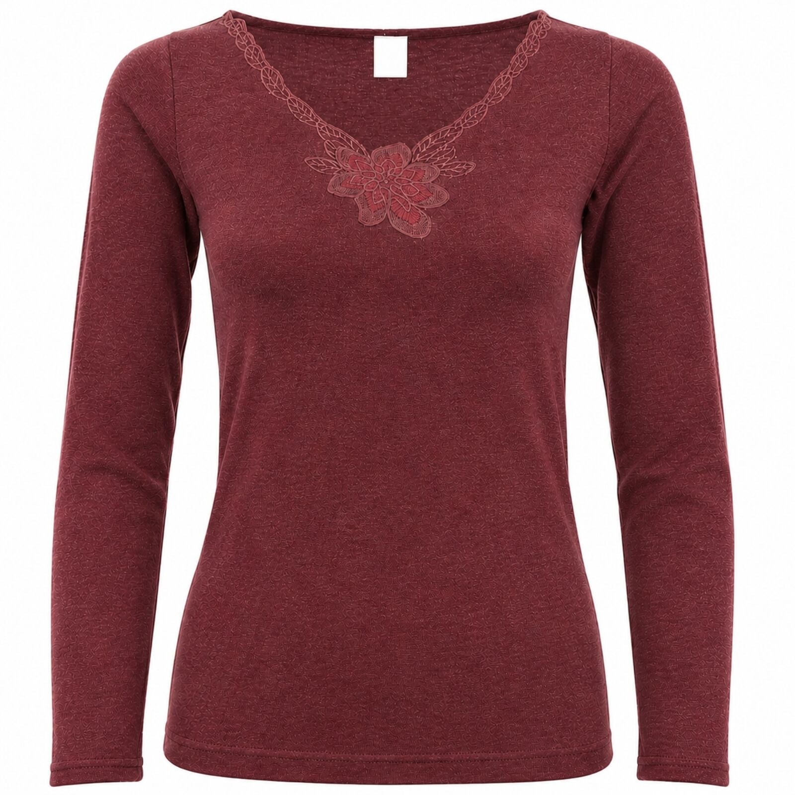 Womens Merino Wool Blend Thermal V Neck Long Sleeve Top - Burgundy (Spencer Base Layer)-3