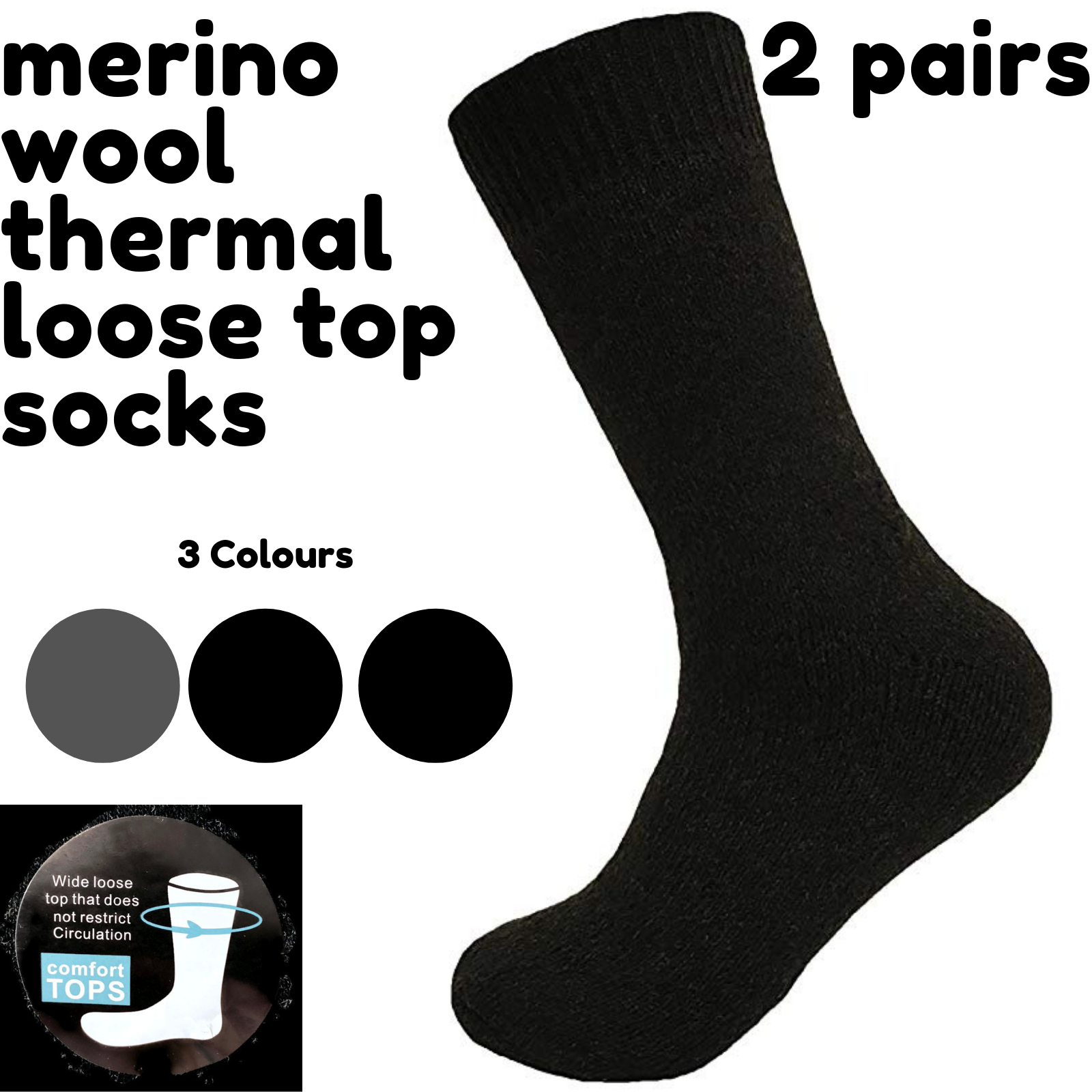 Merino Wool Mens Loose Top Thermal Socks Diabetic Comfort Circulation - 2 Pairs-1