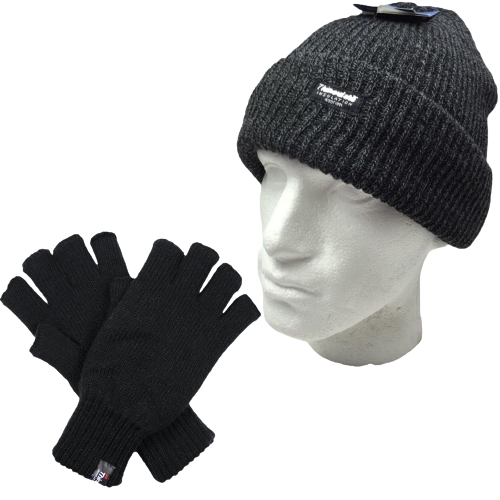 2pcs Winter Set Mens 3M Thinsulate Beanie Hat + Knitted Fingerless Gloves Snow-0