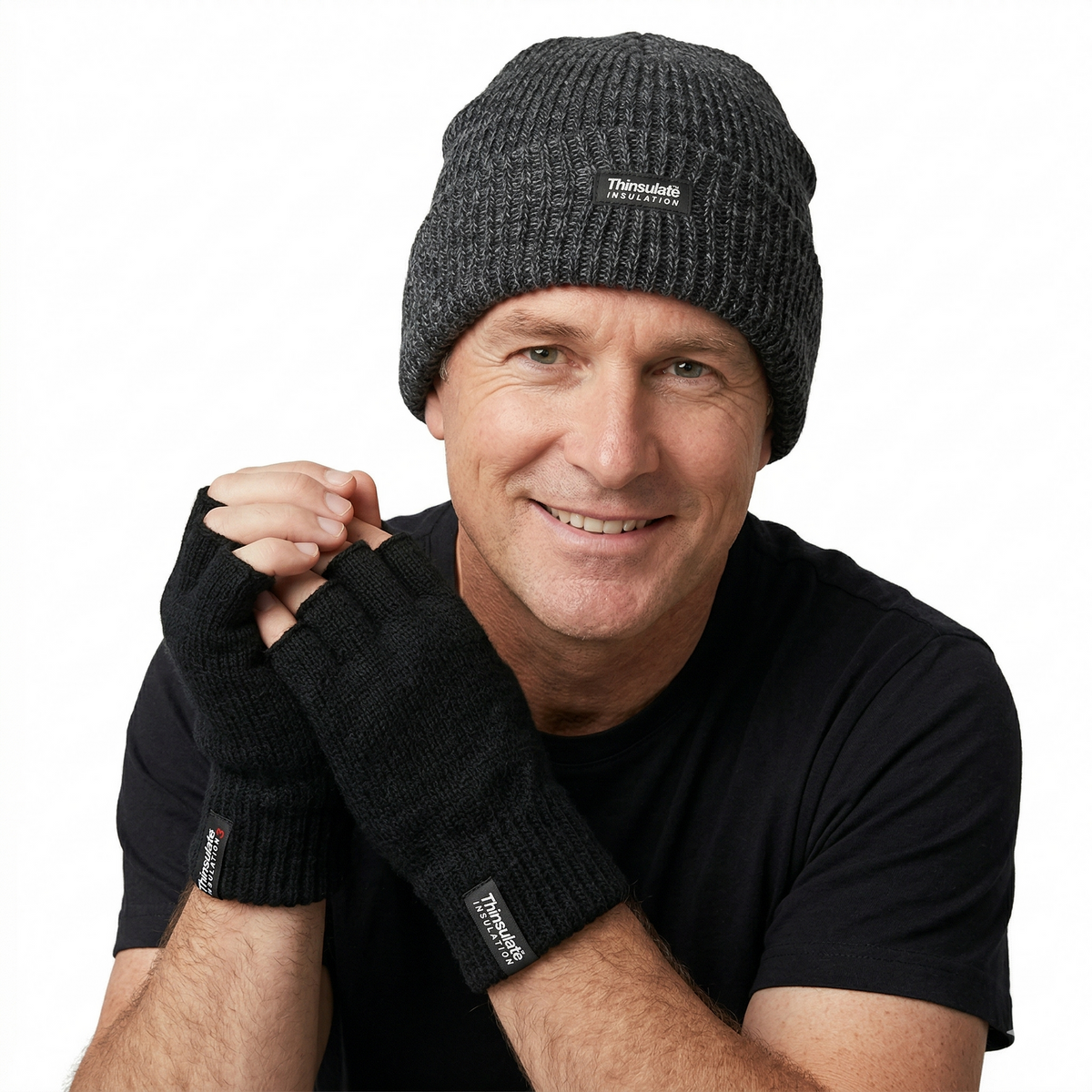 2pcs Winter Set Mens 3M Thinsulate Beanie Hat + Knitted Fingerless Gloves Snow