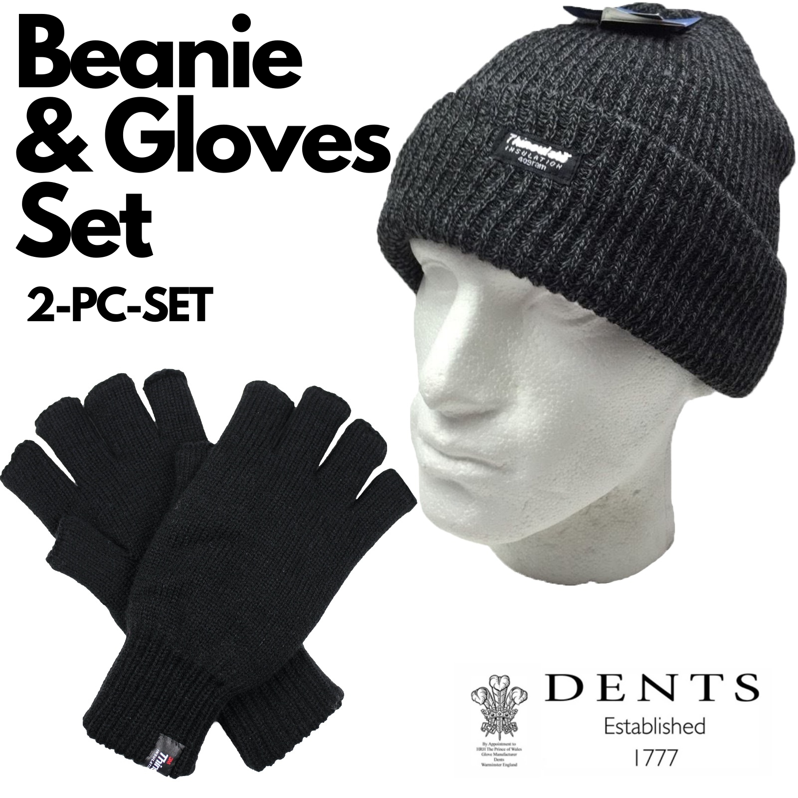 2pcs Winter Set Mens 3M Thinsulate Beanie Hat + Knitted Fingerless Gloves Snow-1