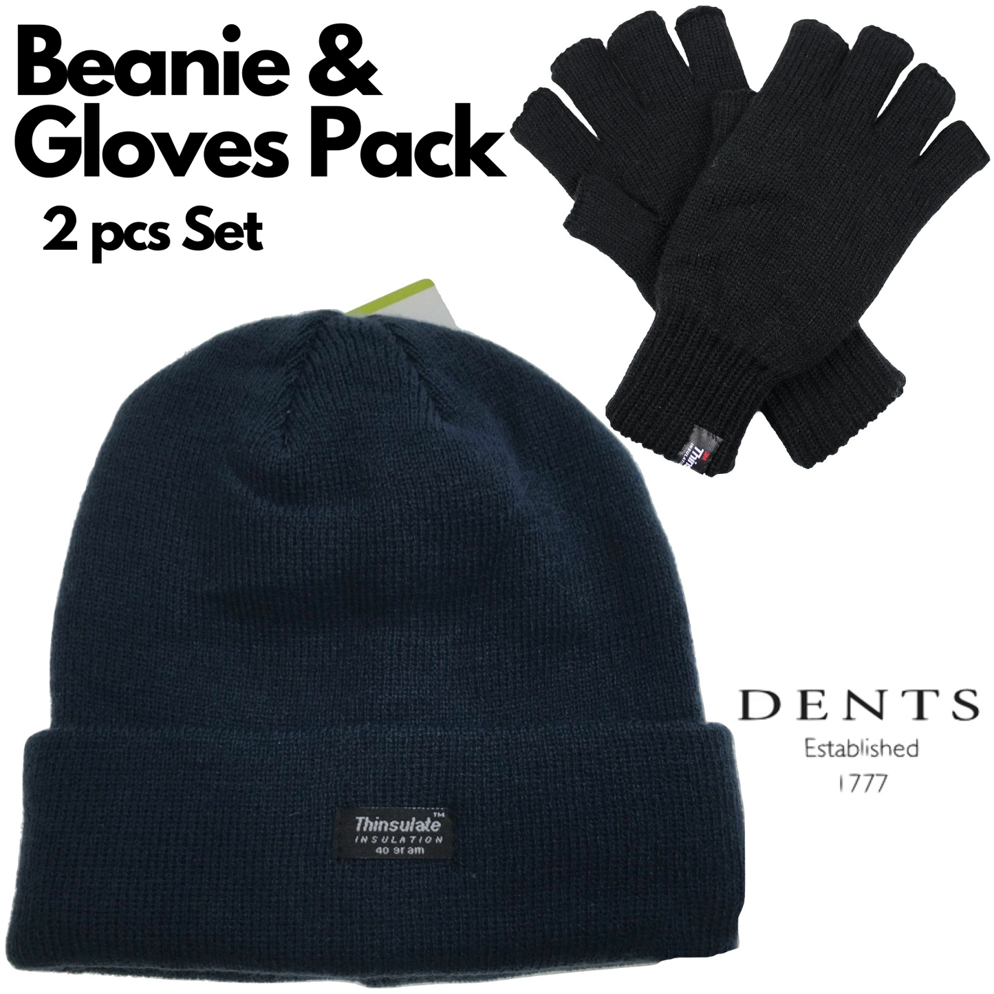 Dents 2pcs Set Mens 3M Thinsulate Pull-On Beanie + Knitted Fingerless Gloves-1