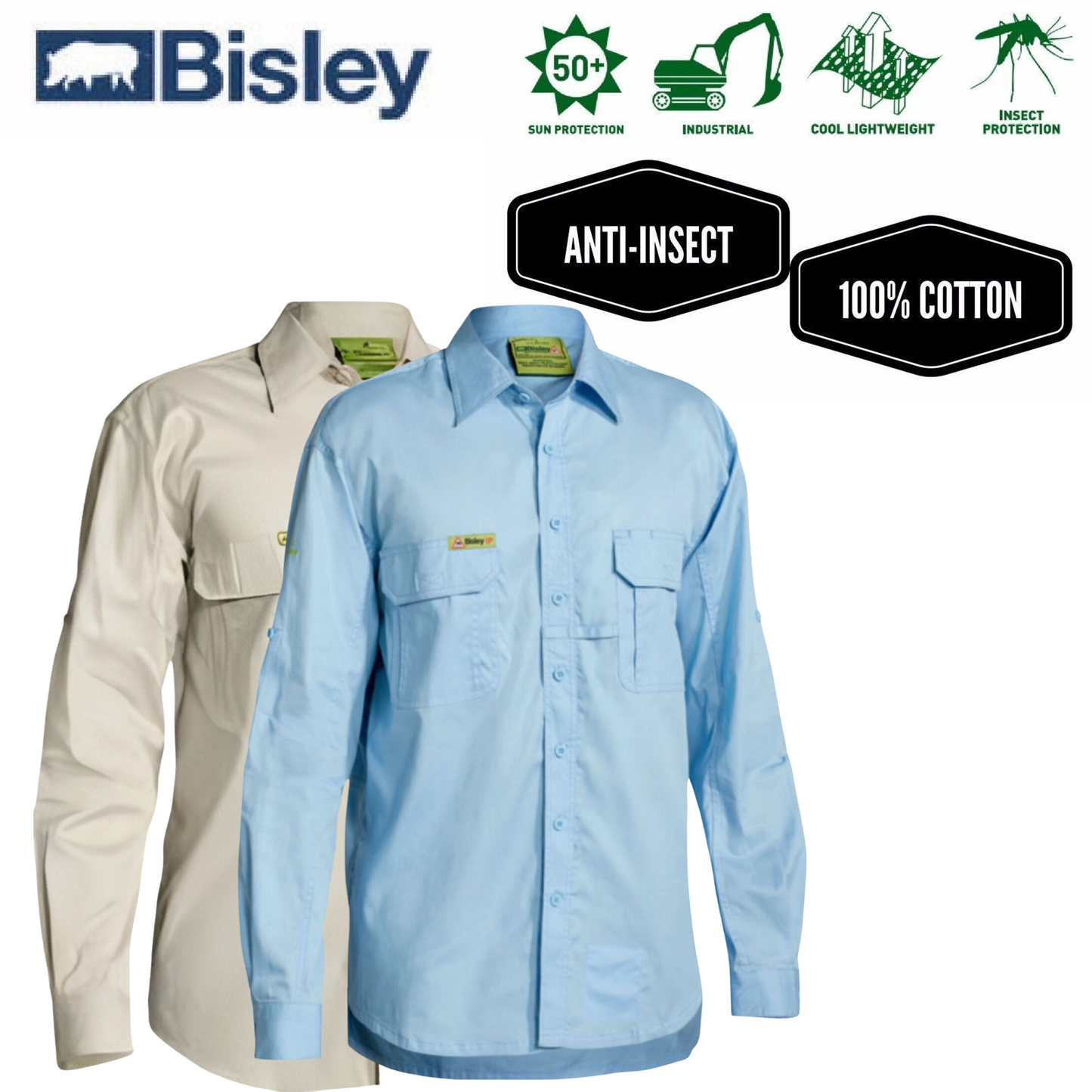 BISLEY Insect Protection Fishing Shirt Long Sleeve Casual Business Work Cotton-1