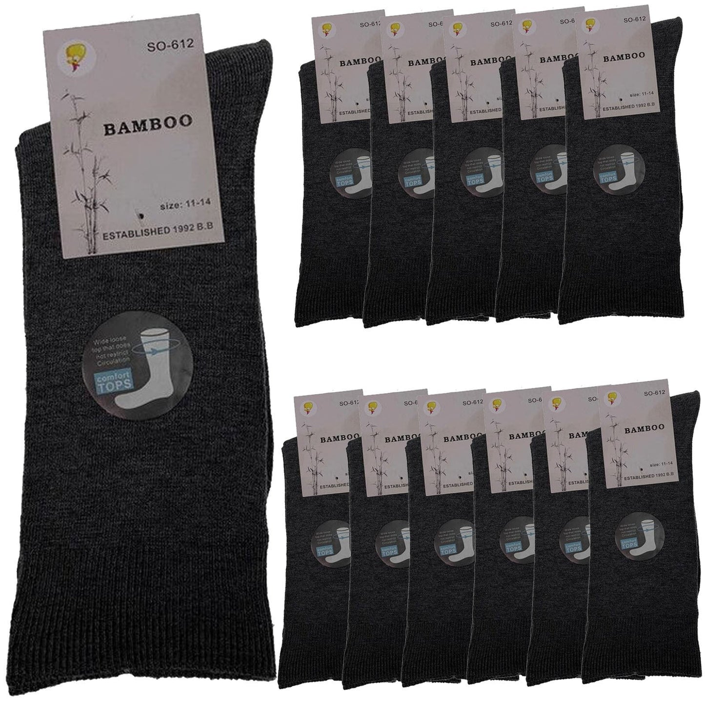 12 Pairs Bamboo Derived Loose Top Socks Diabetic Comfort Circulation - Grey