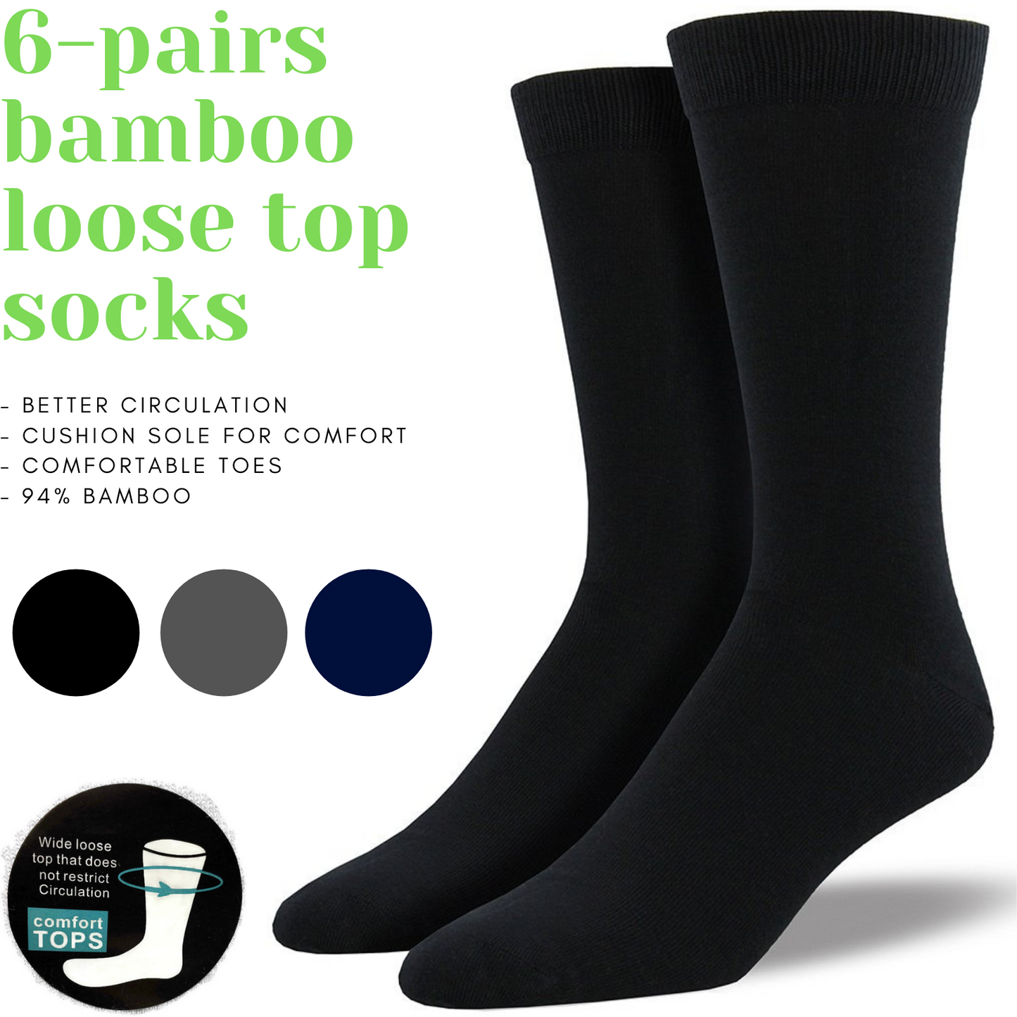 6 Pairs Bamboo Derived Loose Top Socks Diabetic Comfort Circulation - Black