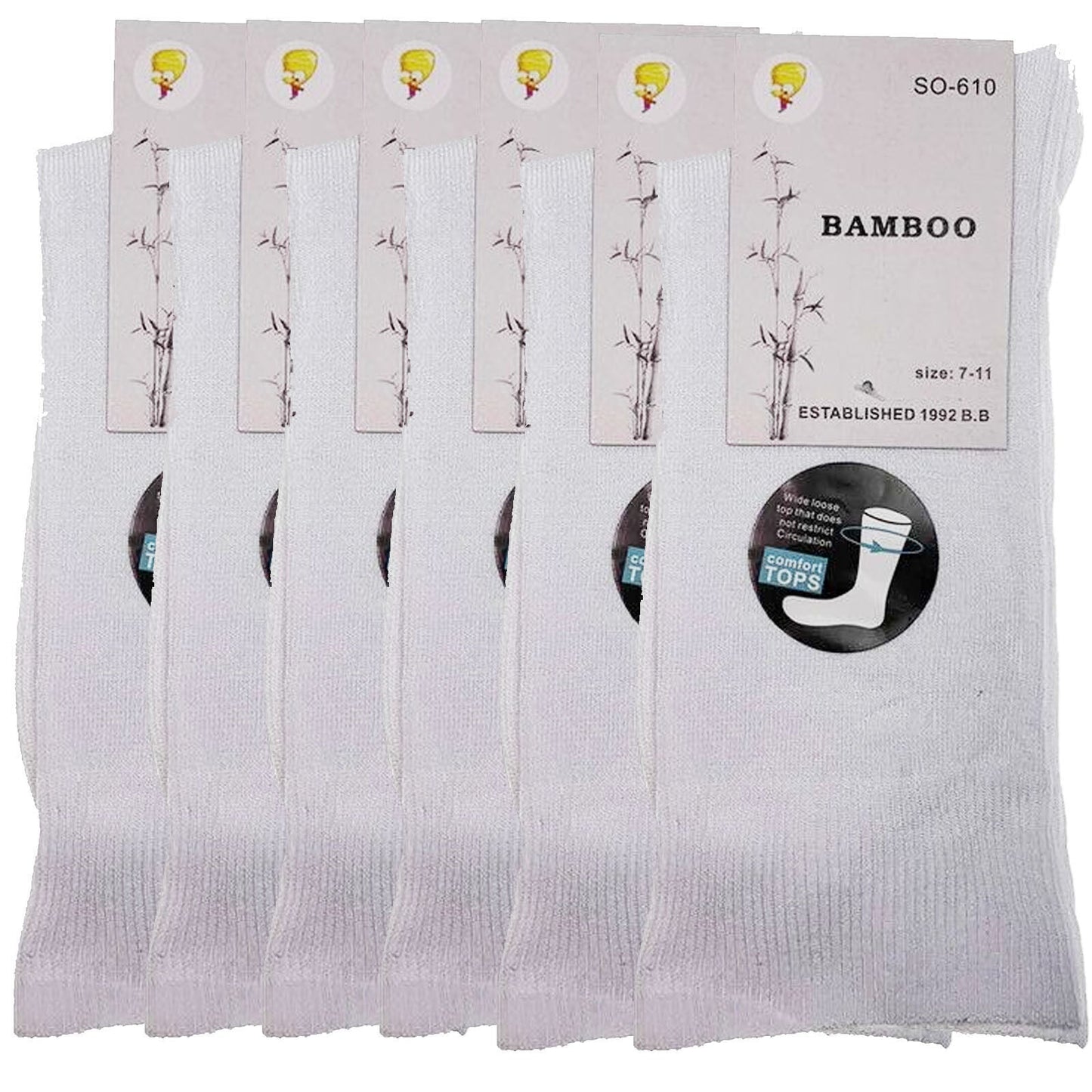 6 Pairs Bamboo Derived Loose Top Socks Diabetic Comfort Circulation - White