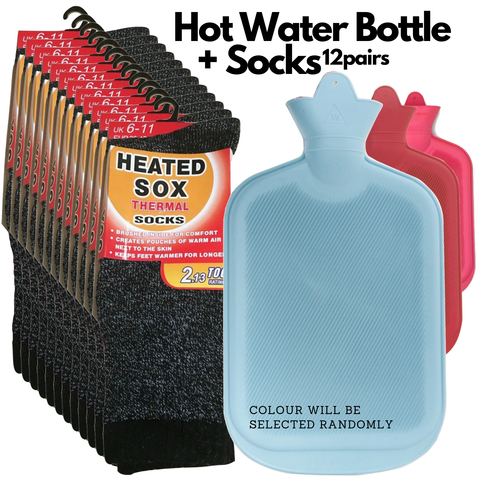 12 Pairs Thermal Heated Socks w/ BONUS Hot Water Bottle Warm Winter Pack-1