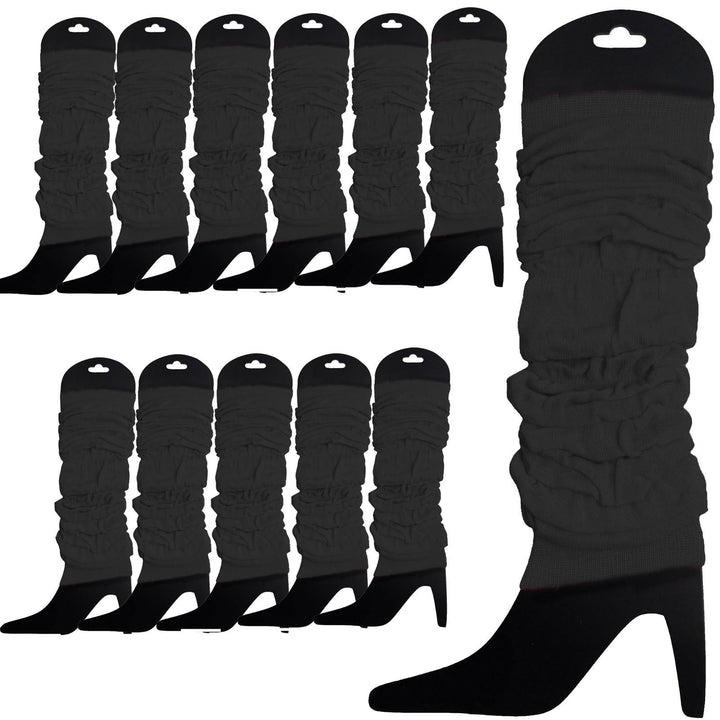 12 LEG WARMERS Knitted Womens Neon Party Knit Ankle Fluro Dance Costume 80s BULK - Black