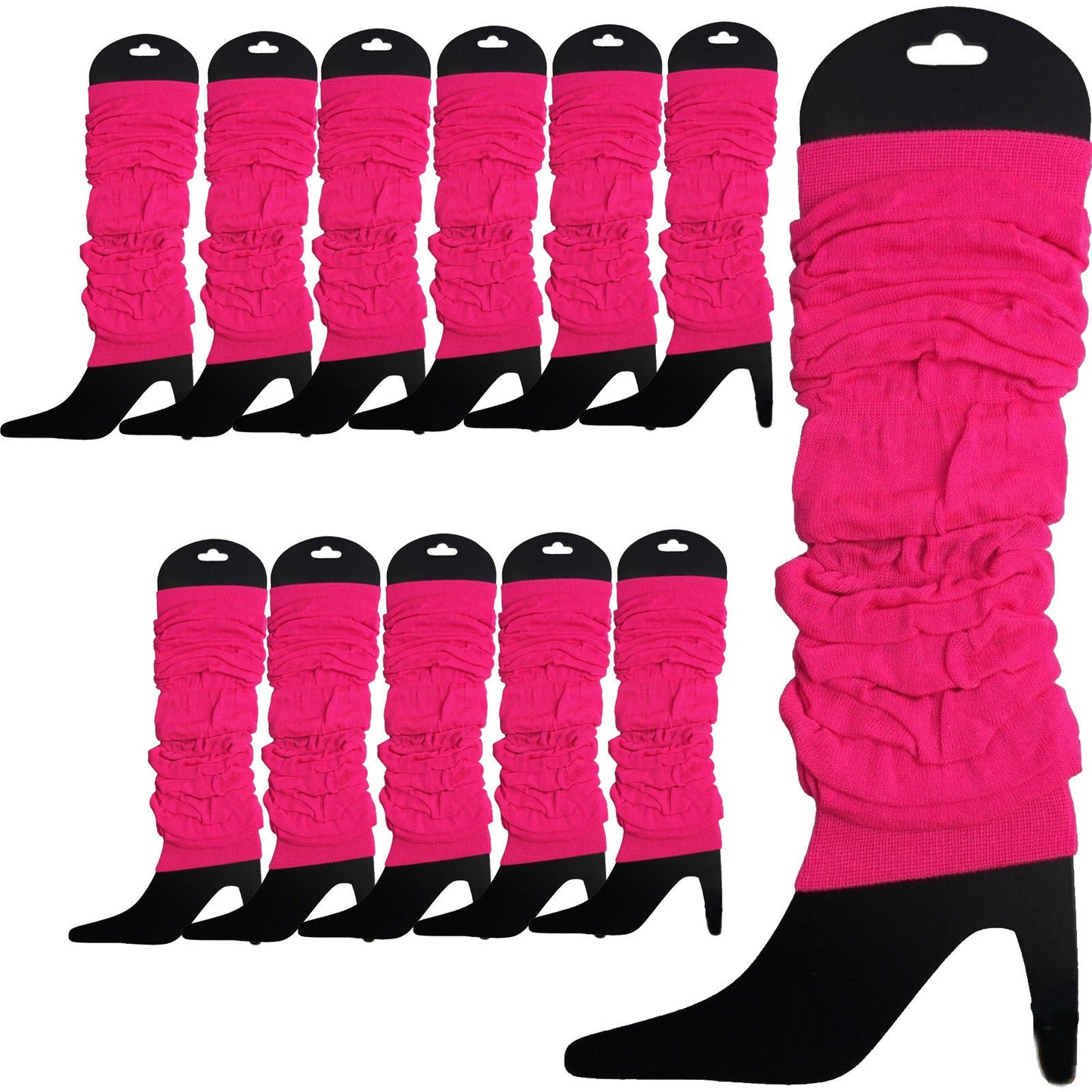 12 LEG WARMERS Knitted Womens Neon Party Knit Ankle Fluro Dance Costume 80s BULK - Fluro Hot Pink
