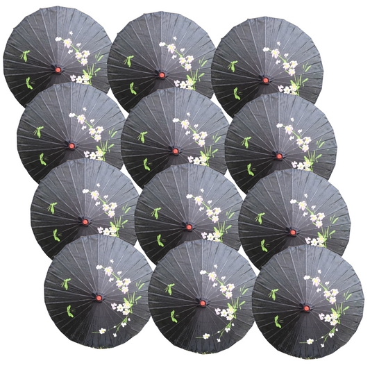 12x PARASOL UMBRELLA Chinese Japanese Bamboo Flower Pattern 80cm Large BULK - Black
