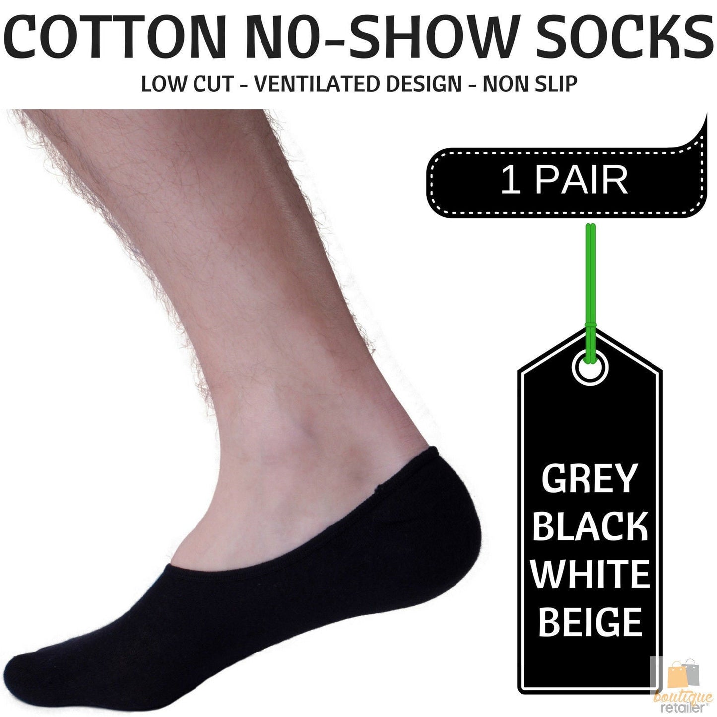 1x NO SHOW COTTON SOCKS Non Slip Heel Grip Low Cut Invisible Footlet Seamless-2