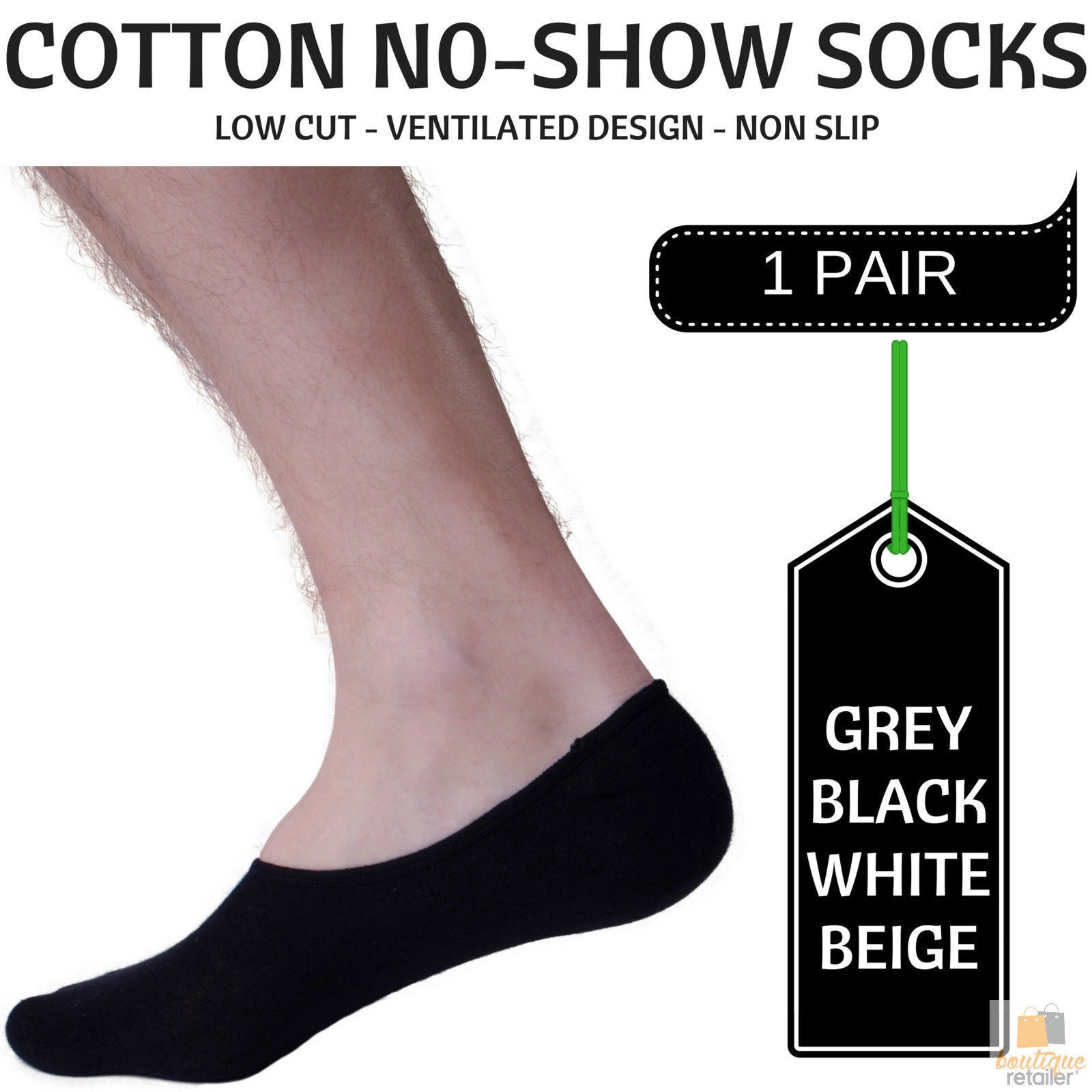 1x NO SHOW COTTON SOCKS Non Slip Heel Grip Low Cut Invisible Footlet Seamless-2