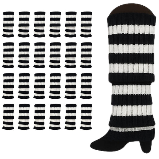 24x Womens Leg Warmers Disco Winter Knit Dance Party Crochet Legging Socks Costume - Black/White Stripe